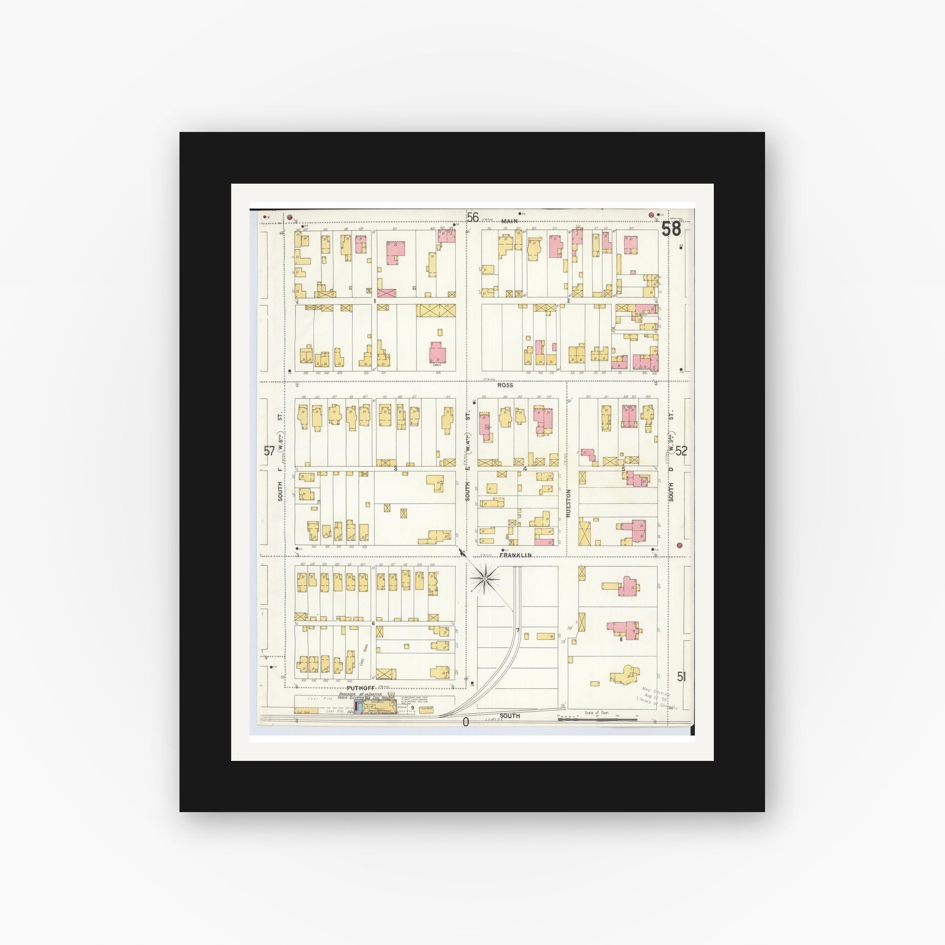 Old map wall art mockup — black gallery frame with white mat — Sanborn Fire Insurance Map from Hamilton, Butler County, Ohio (1899), Sheet #0058