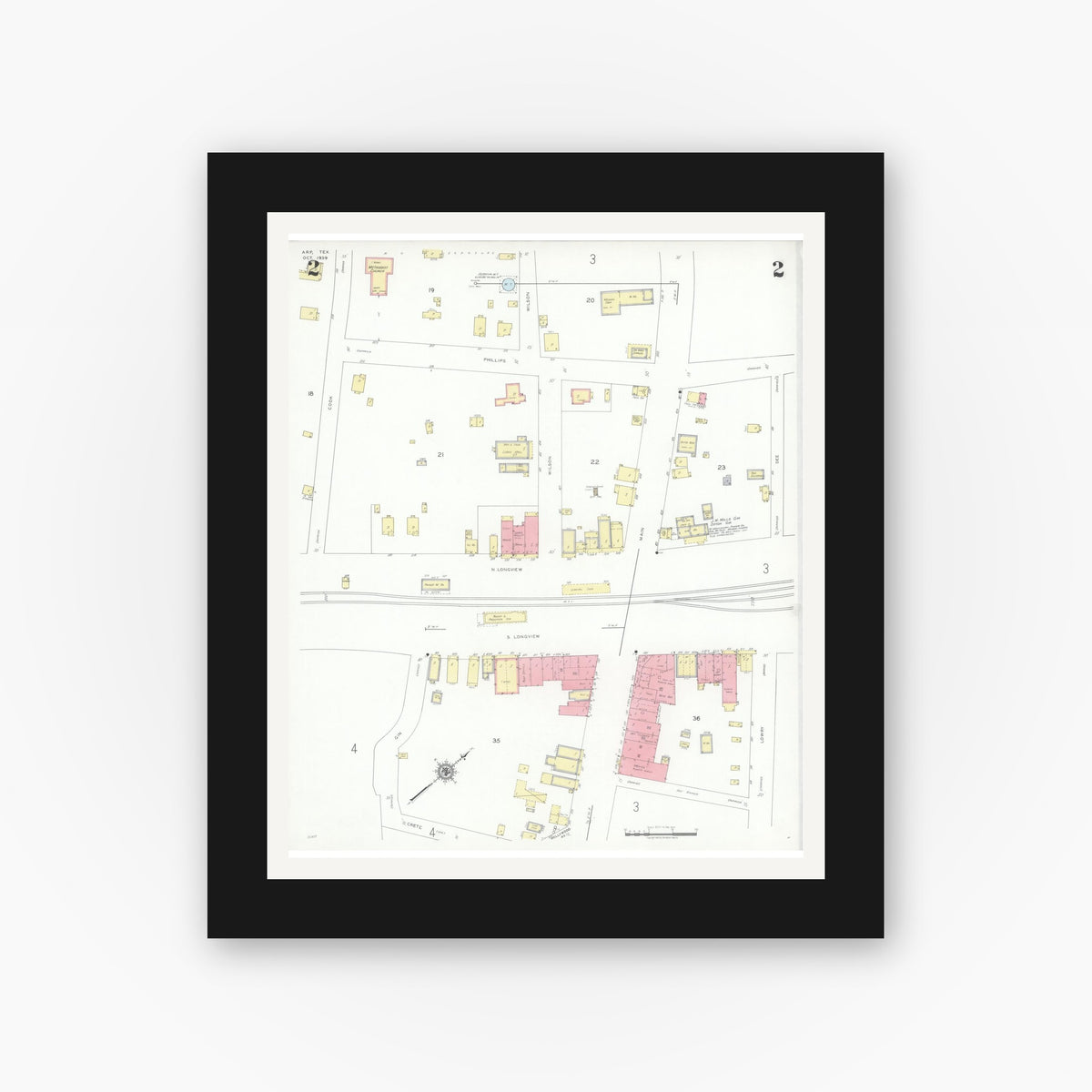 Old map wall art mockup — black gallery frame with white mat — Sanborn Fire Insurance Map from Arp, Smith County, Texas (1939), Sheet #0002