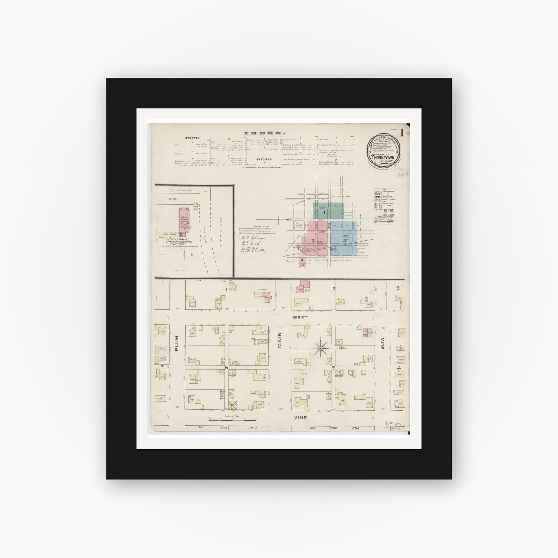 Old map wall art mockup — black gallery frame with white mat — Sanborn Fire Insurance Map from Thorntown, Boone County, Indiana (1886) - Complete Map Set