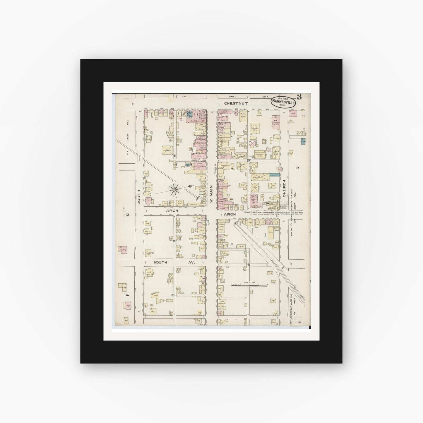 Old map wall art mockup — black gallery frame with white mat — Sanborn Fire Insurance Map from Barnesville, Belmont County, Ohio (1885), Sheet #0003
