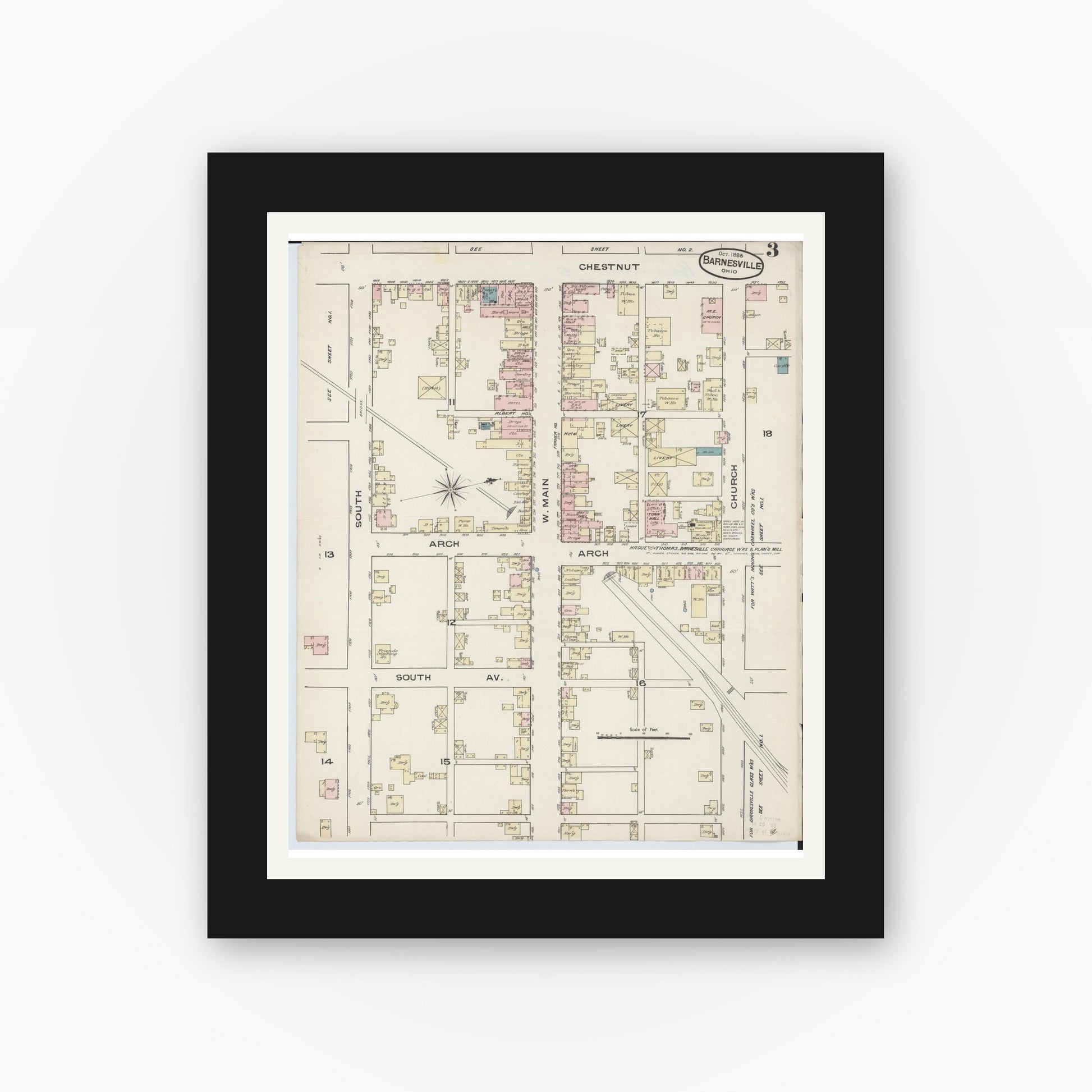 Old map wall art mockup — black gallery frame with white mat — Sanborn Fire Insurance Map from Barnesville, Belmont County, Ohio (1885), Sheet #0003