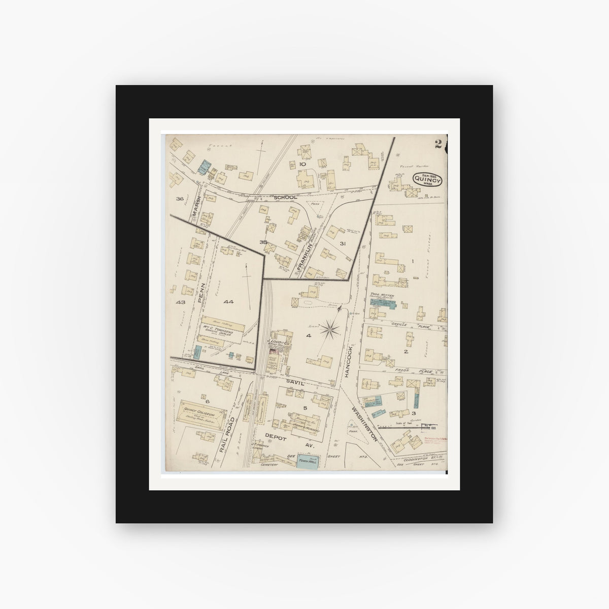 Old map wall art mockup — black gallery frame with white mat — Sanborn Fire Insurance Map from Quincy, Norfolk County, Massachusetts (1885), Sheet #0002