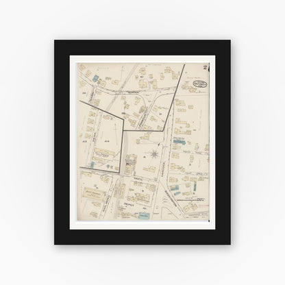 Old map wall art mockup — black gallery frame with white mat — Sanborn Fire Insurance Map from Quincy, Norfolk County, Massachusetts (1885), Sheet #0002