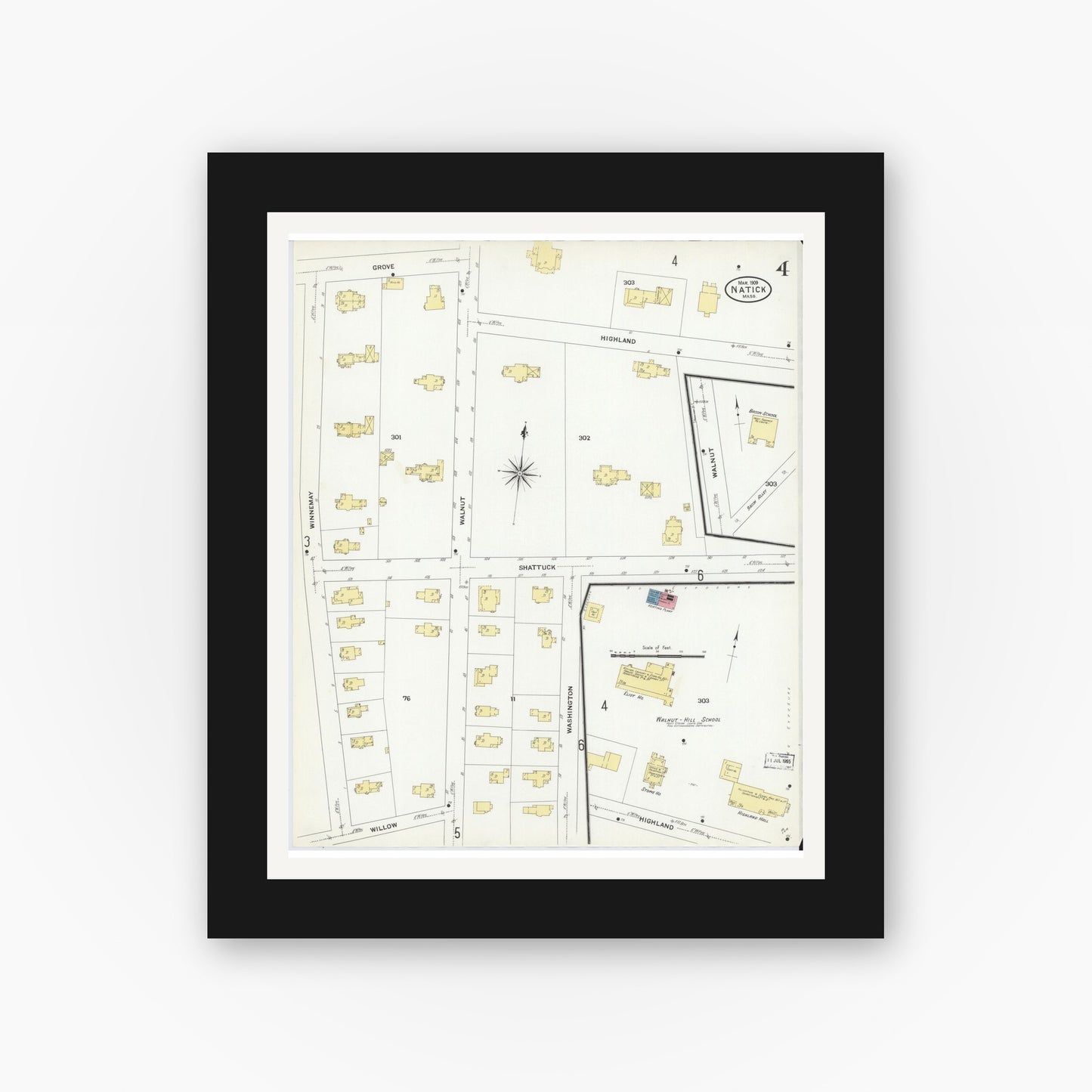 Old map wall art mockup — black gallery frame with white mat — Sanborn Fire Insurance Map from Natick, Middlesex County, Massachusetts (1909), Sheet #0004
