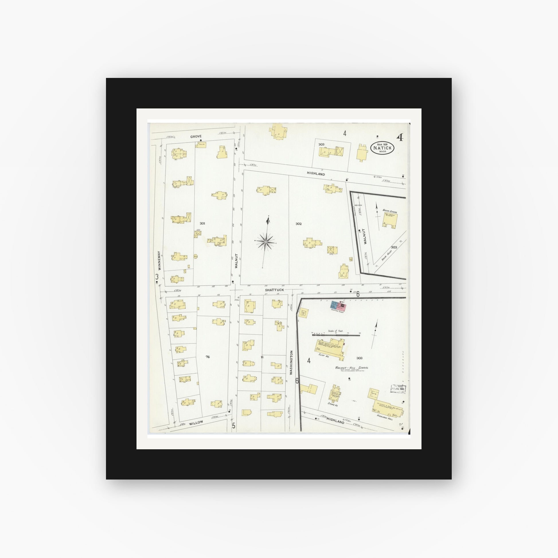 Old map wall art mockup — black gallery frame with white mat — Sanborn Fire Insurance Map from Natick, Middlesex County, Massachusetts (1909), Sheet #0004