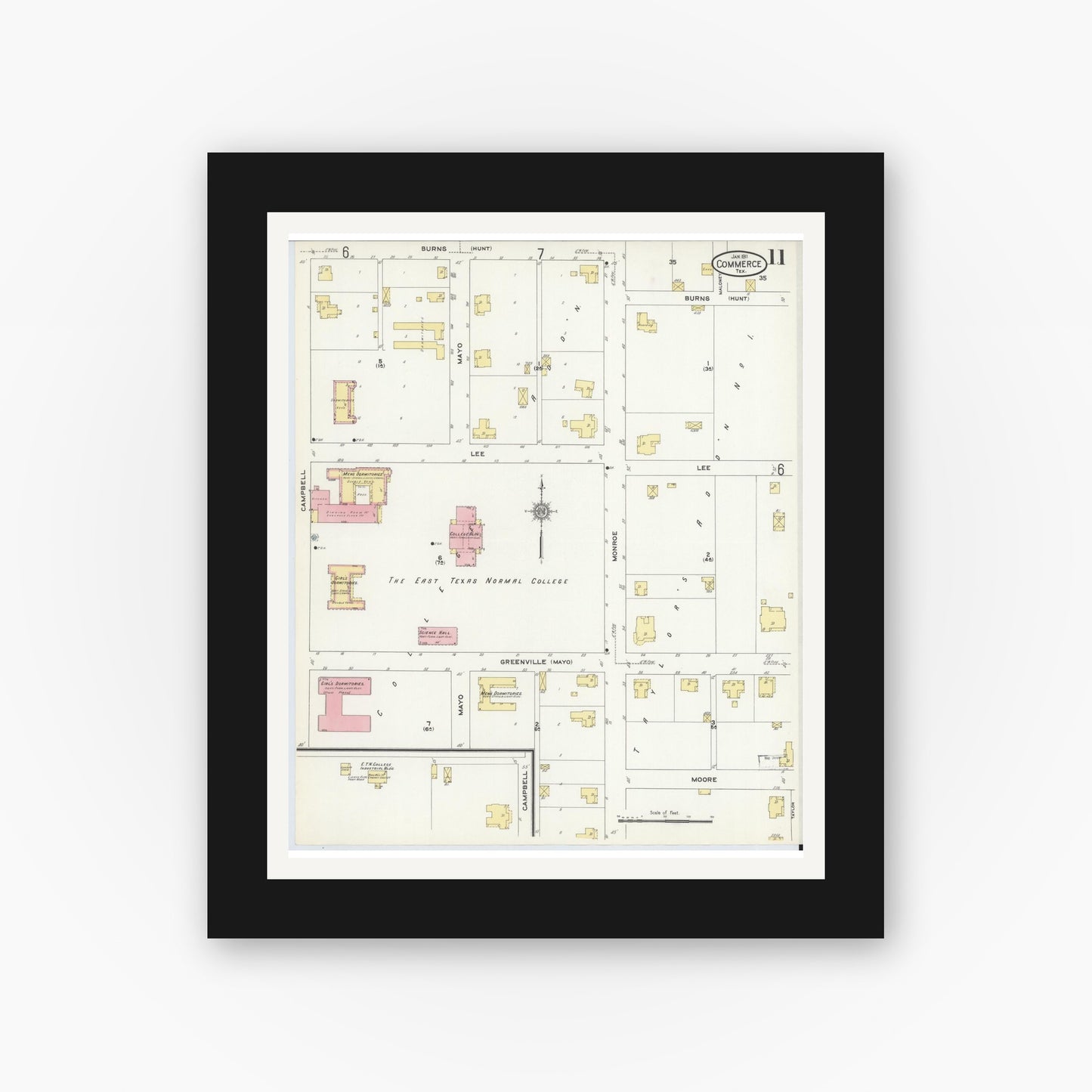 Old map wall art mockup — black gallery frame with white mat — Sanborn Fire Insurance Map from Commerce, Hunt County, Texas (1911), Sheet #0011