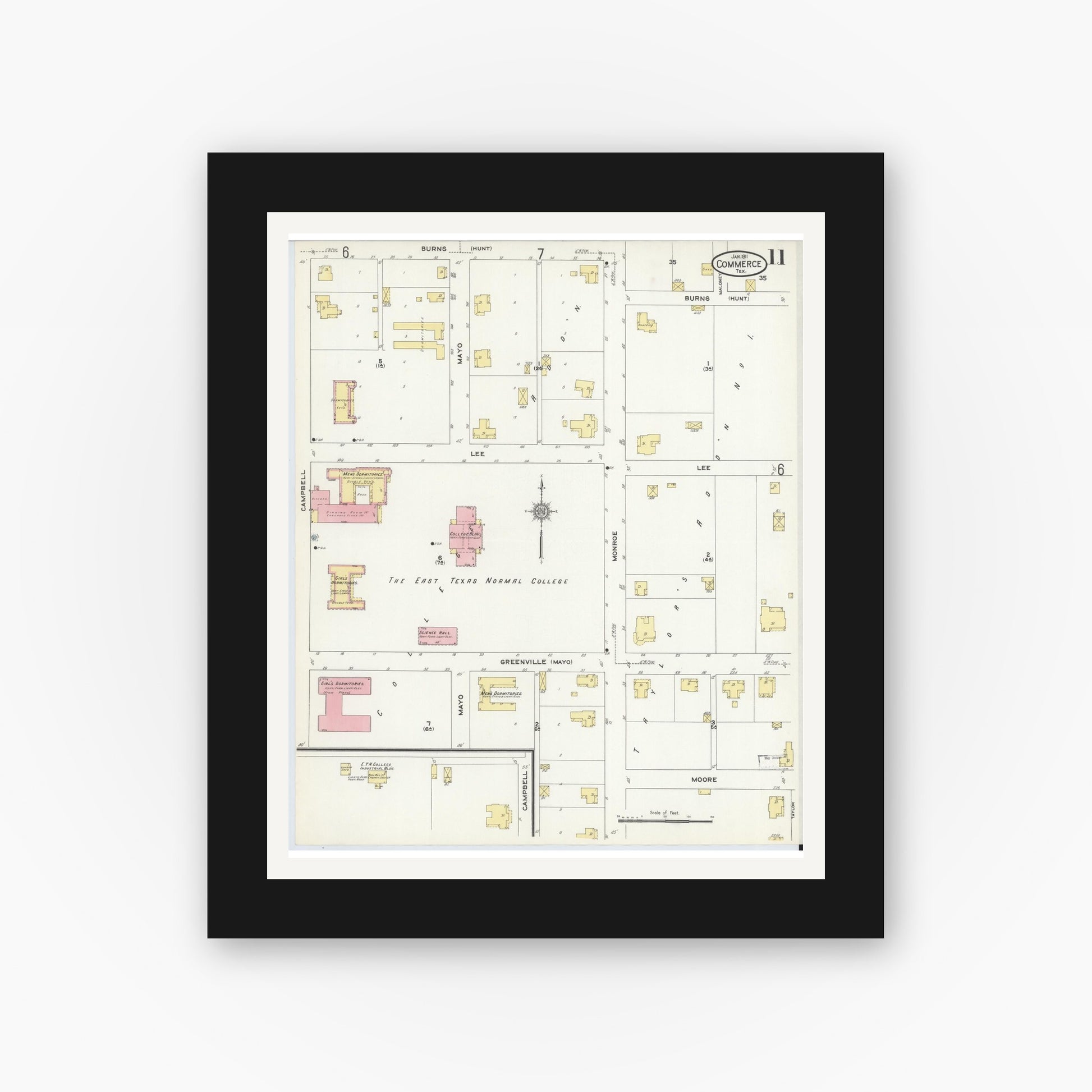 Old map wall art mockup — black gallery frame with white mat — Sanborn Fire Insurance Map from Commerce, Hunt County, Texas (1911), Sheet #0011