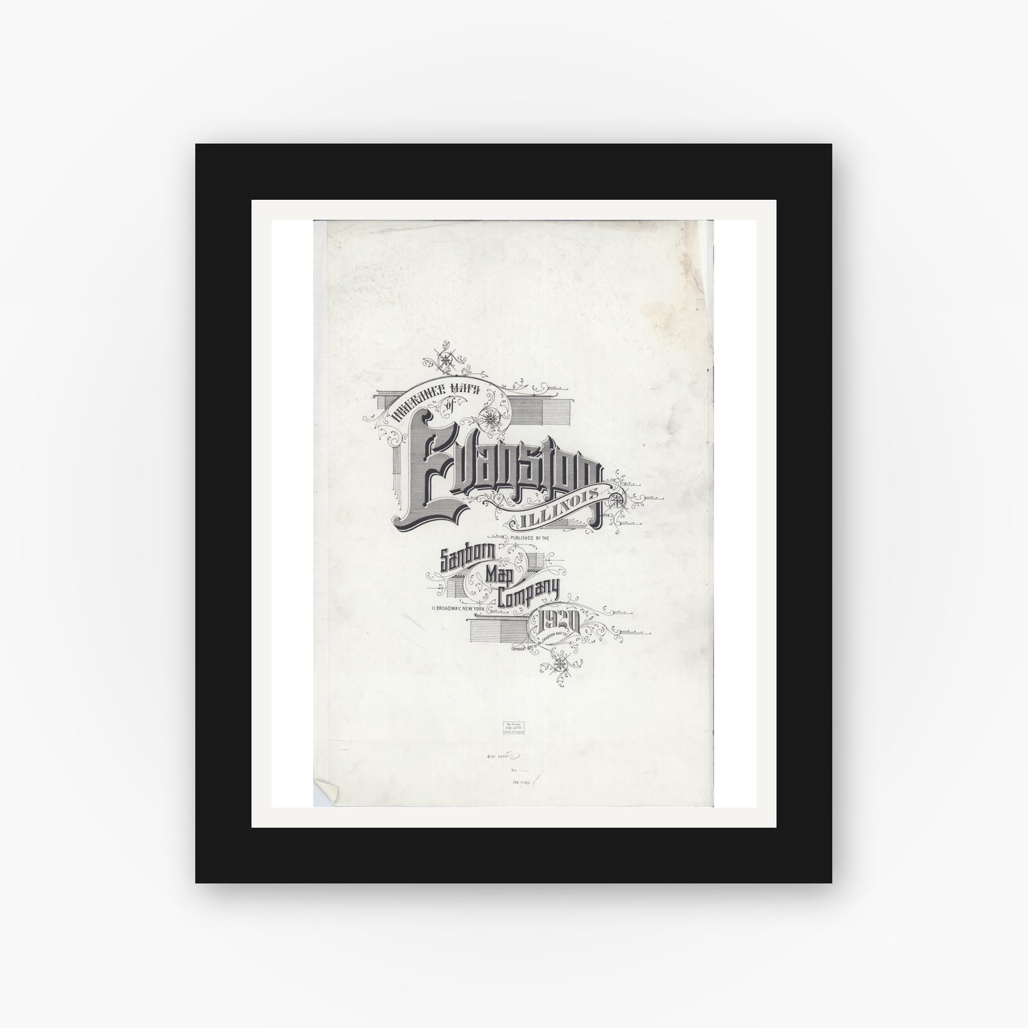 Old map wall art mockup — black gallery frame with white mat — Sanborn Fire Insurance Map from Evanston, Cook County, Illinois (1920), Sheet #0001