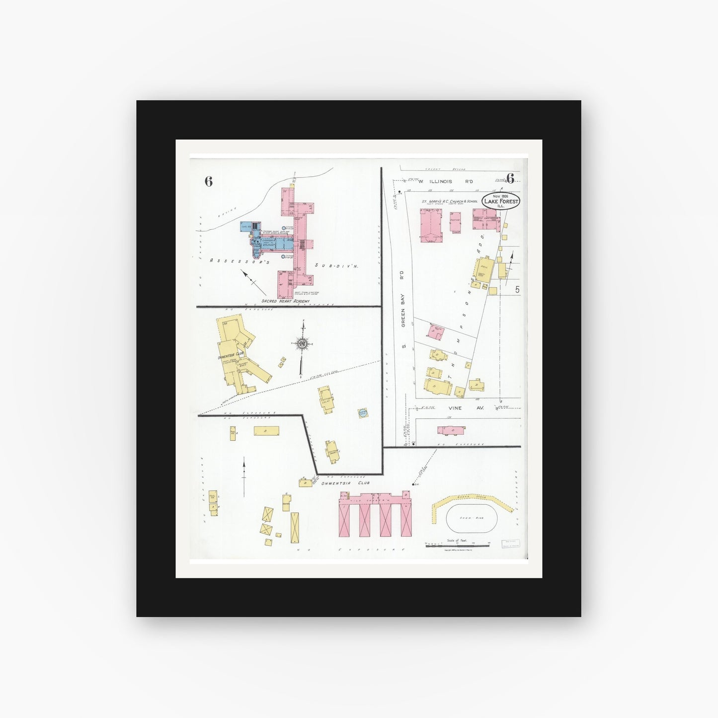 Old map wall art mockup — black gallery frame with white mat — Sanborn Fire Insurance Map from Lake Forest, Lake County, Illinois (1926), Sheet #0006