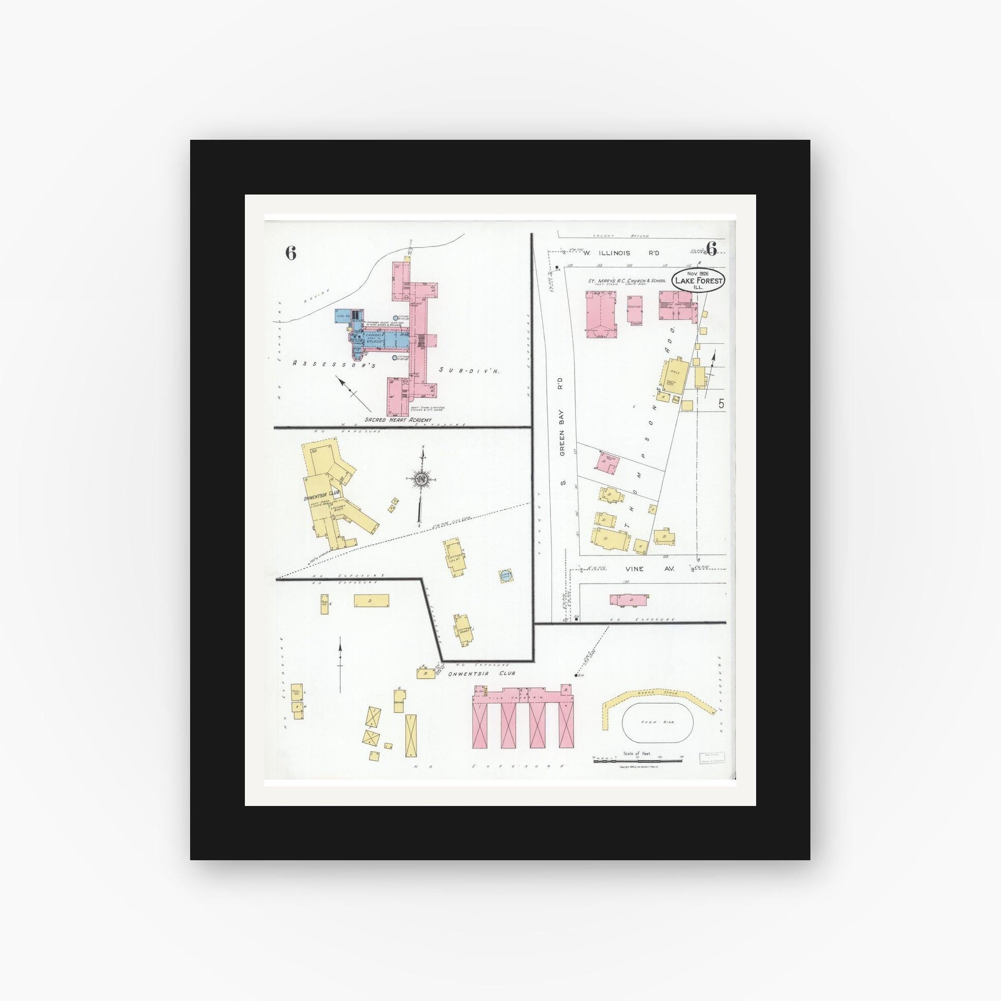 Old map wall art mockup — black gallery frame with white mat — Sanborn Fire Insurance Map from Lake Forest, Lake County, Illinois (1926), Sheet #0006