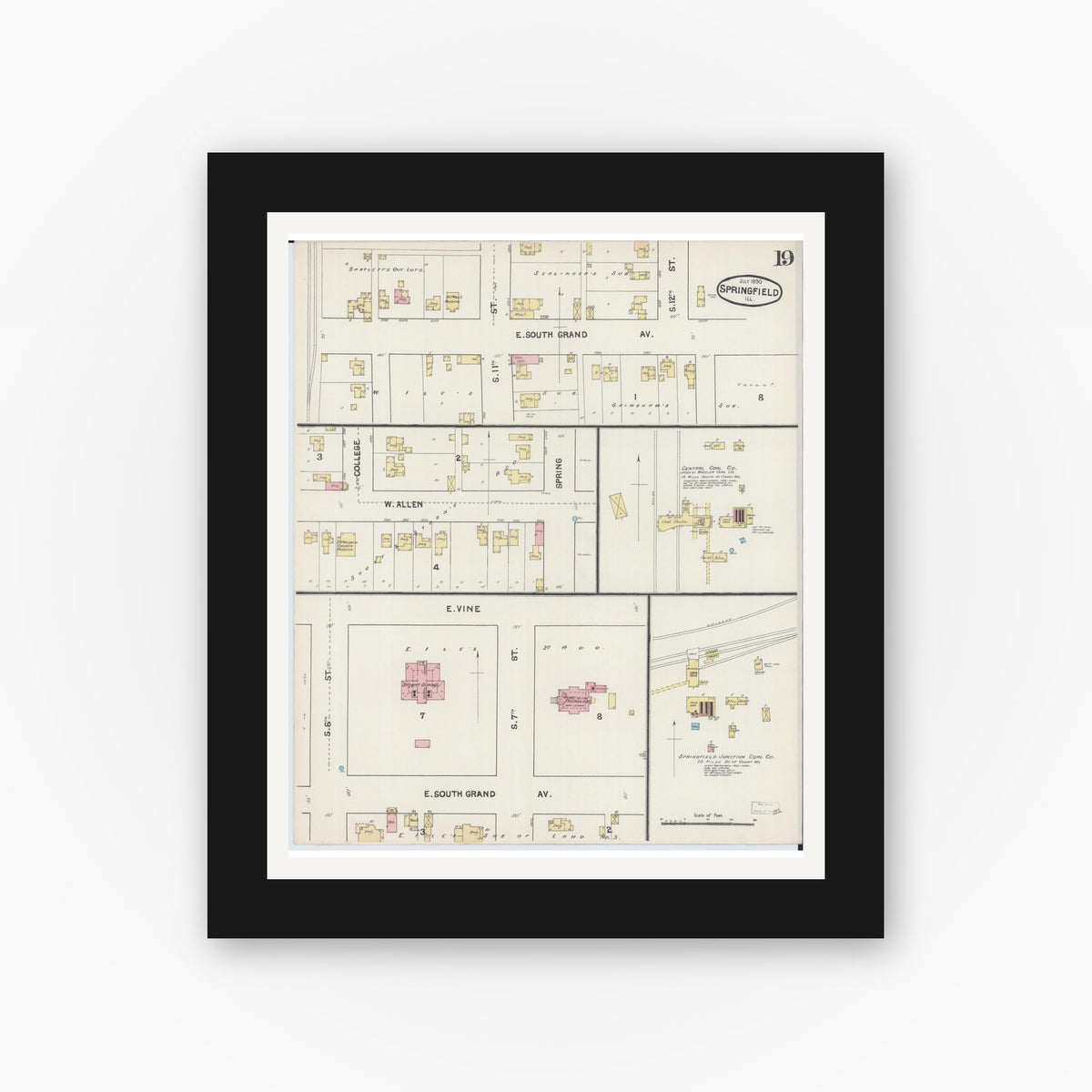 Old map wall art mockup — black gallery frame with white mat — Sanborn Fire Insurance Map from Springfield, Sangamon County, Illinois (1890), Sheet #0019