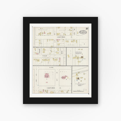 Old map wall art mockup — black gallery frame with white mat — Sanborn Fire Insurance Map from Springfield, Sangamon County, Illinois (1890), Sheet #0019