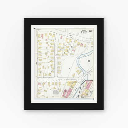 Old map wall art mockup — black gallery frame with white mat — Sanborn Fire Insurance Map from Adrian, Lenawee County, Michigan (1916), Sheet #0012