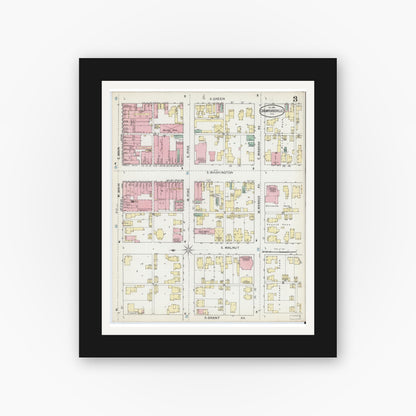 Old map wall art mockup — black gallery frame with white mat — Sanborn Fire Insurance Map from Crawfordsville, Montgomery County, Indiana (1887), Sheet #0003