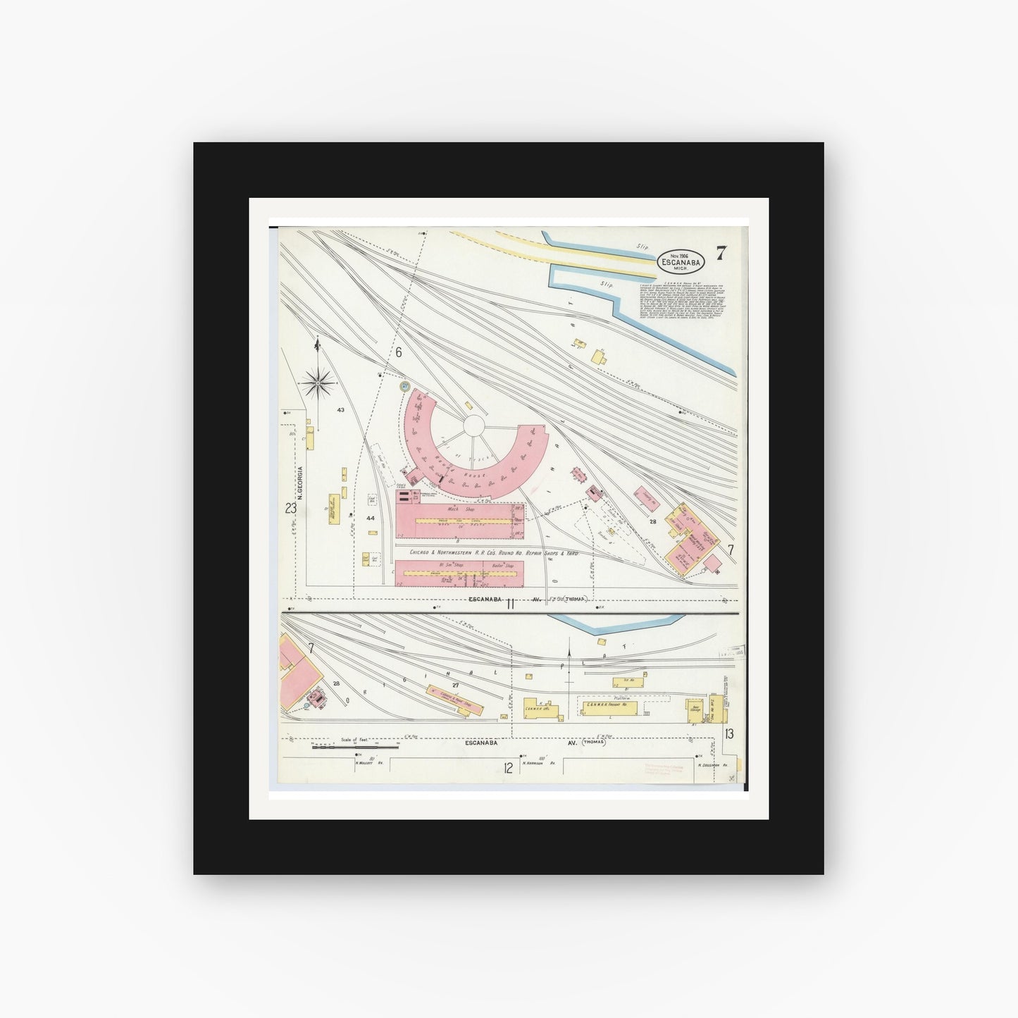 Old map wall art mockup — black gallery frame with white mat — Sanborn Fire Insurance Map from Escanaba, Delta County, Michigan (1906), Sheet #0007