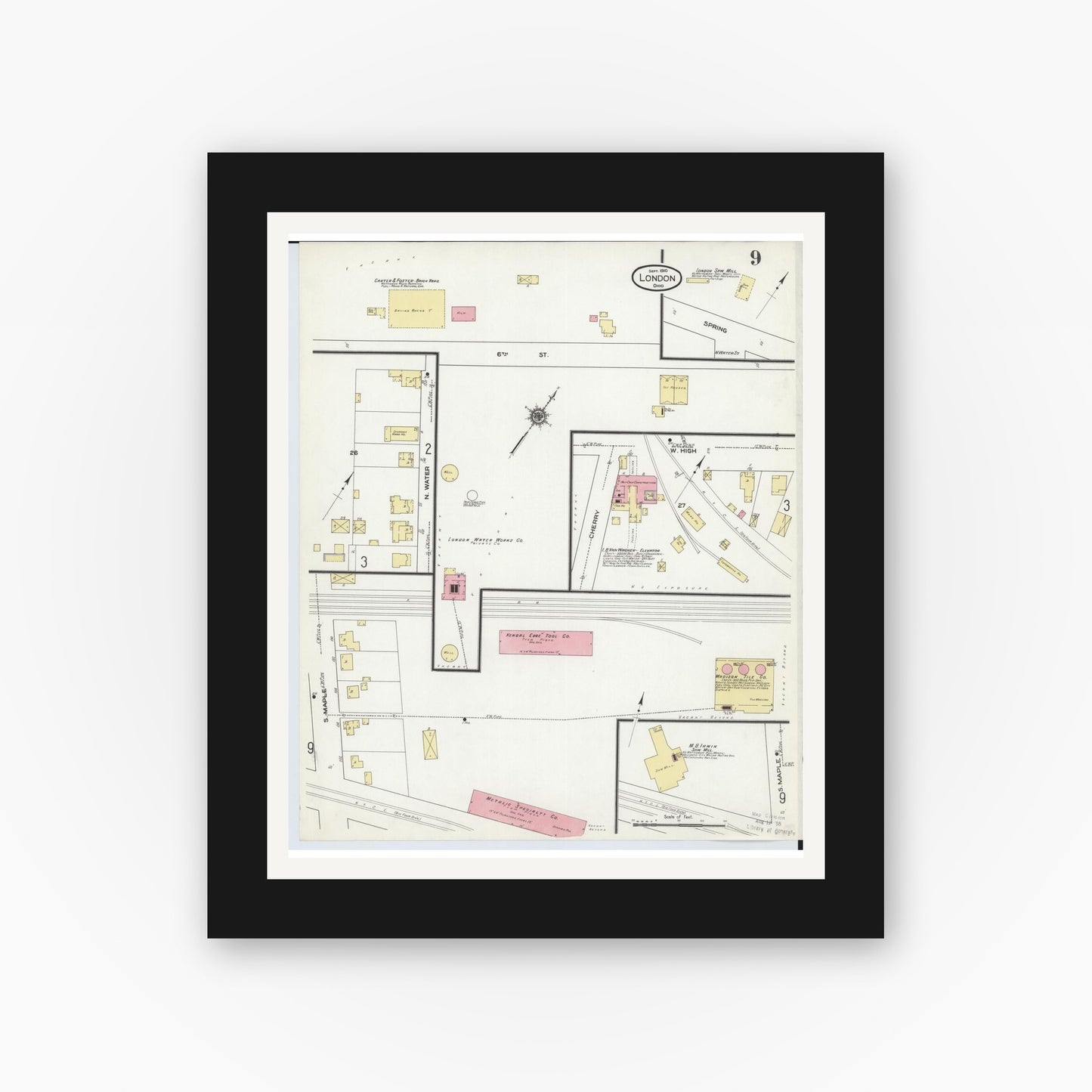 Old map wall art mockup — black gallery frame with white mat — Sanborn Fire Insurance Map from London, Madison County, Ohio (1910), Sheet #0009