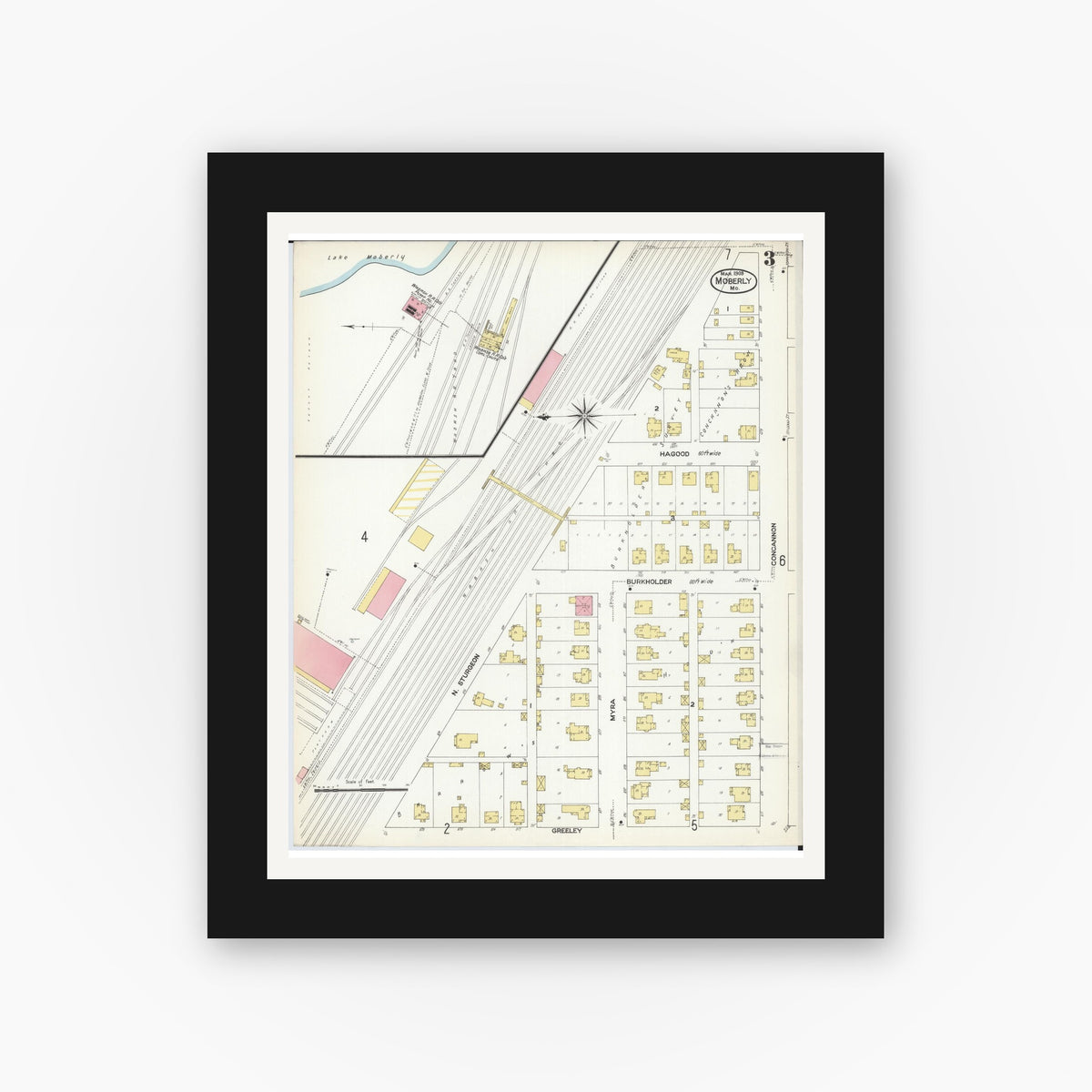 Old map wall art mockup — black gallery frame with white mat — Sanborn Fire Insurance Map from Moberly, Randolph County, Missouri (1909), Sheet #0003