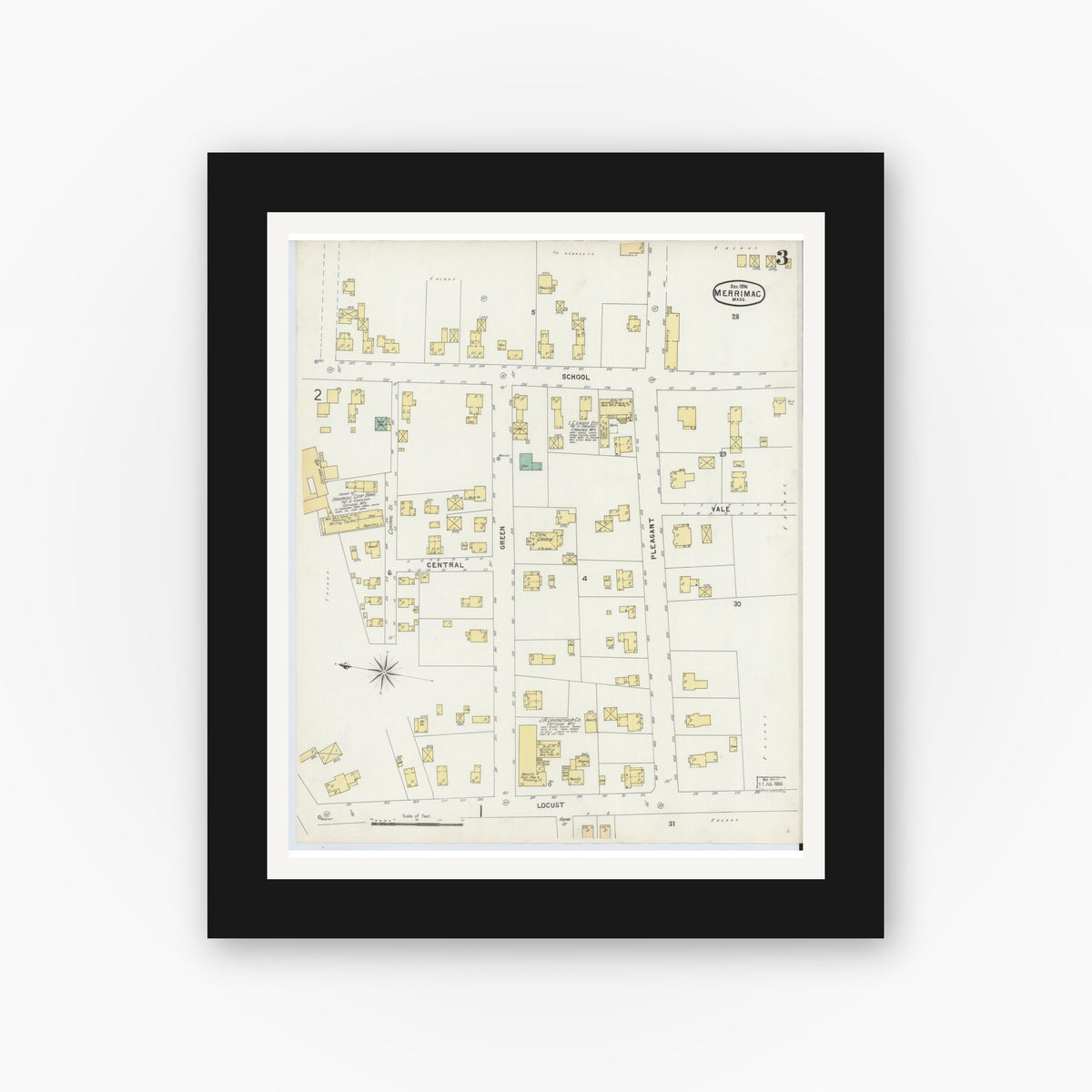 Old map wall art mockup — black gallery frame with white mat — Sanborn Fire Insurance Map from Merrimac, Essex County, Massachusetts (1896), Sheet #0003
