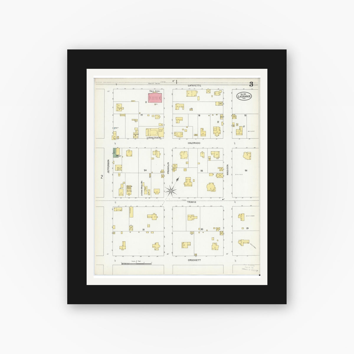 Old map wall art mockup — black gallery frame with white mat — Sanborn Fire Insurance Map from La Grange, Fayette County, Texas (1901), Sheet #0003