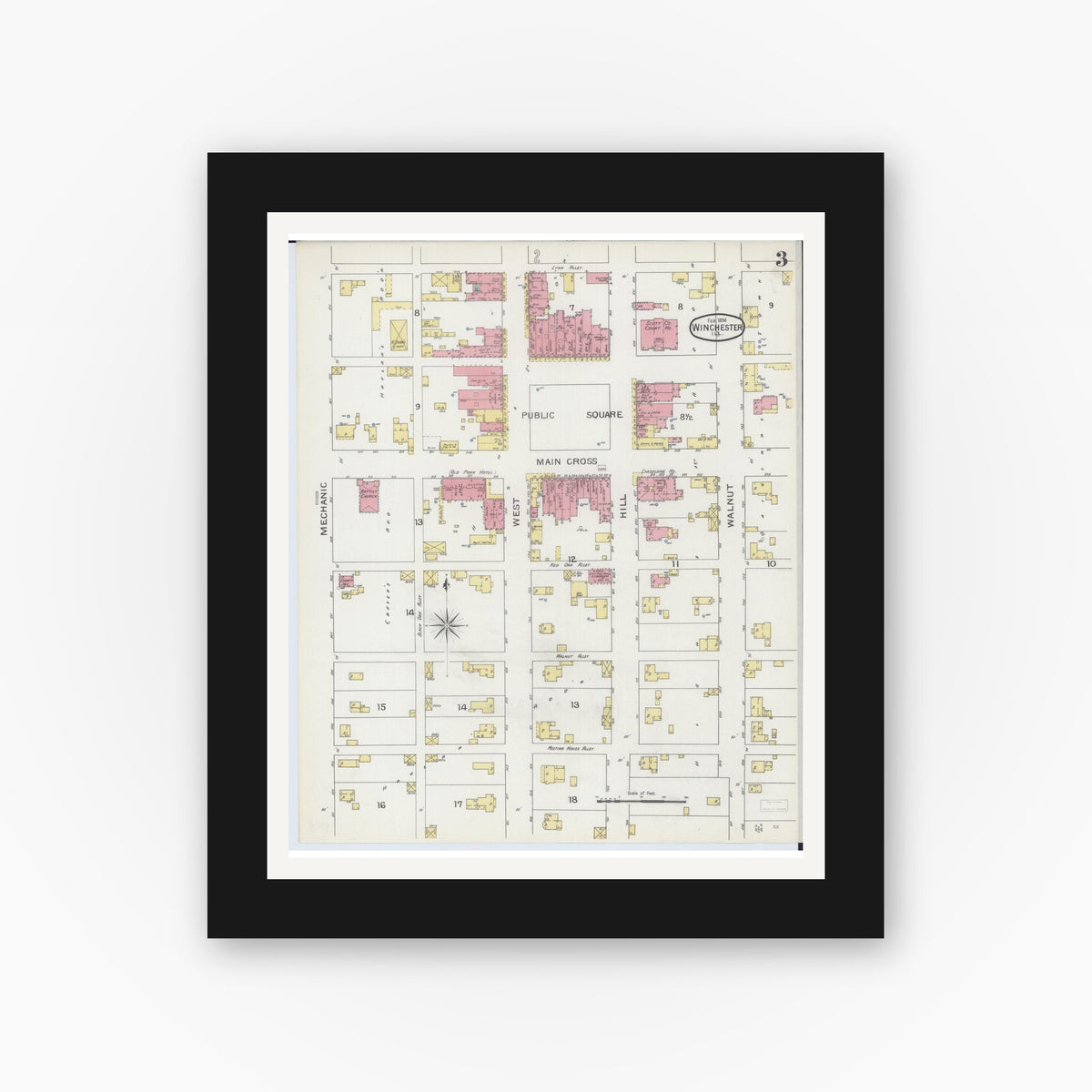 Old map wall art mockup — black gallery frame with white mat — Sanborn Fire Insurance Map from Winchester, Scott County, Illinois (1894), Sheet #0003