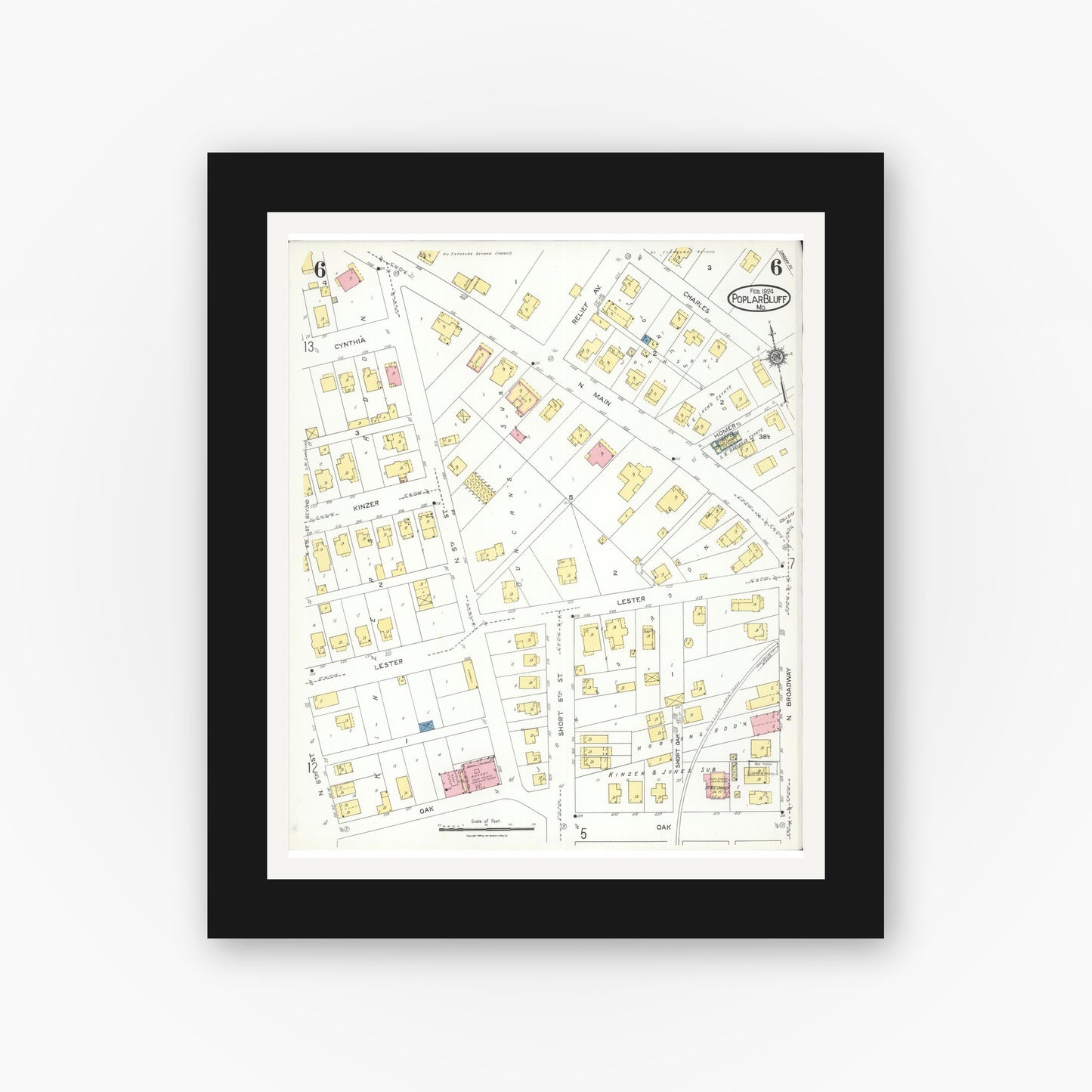 Old map wall art mockup — black gallery frame with white mat — Sanborn Fire Insurance Map from Poplar Bluff, Butler County, Missouri (1924), Sheet #0006