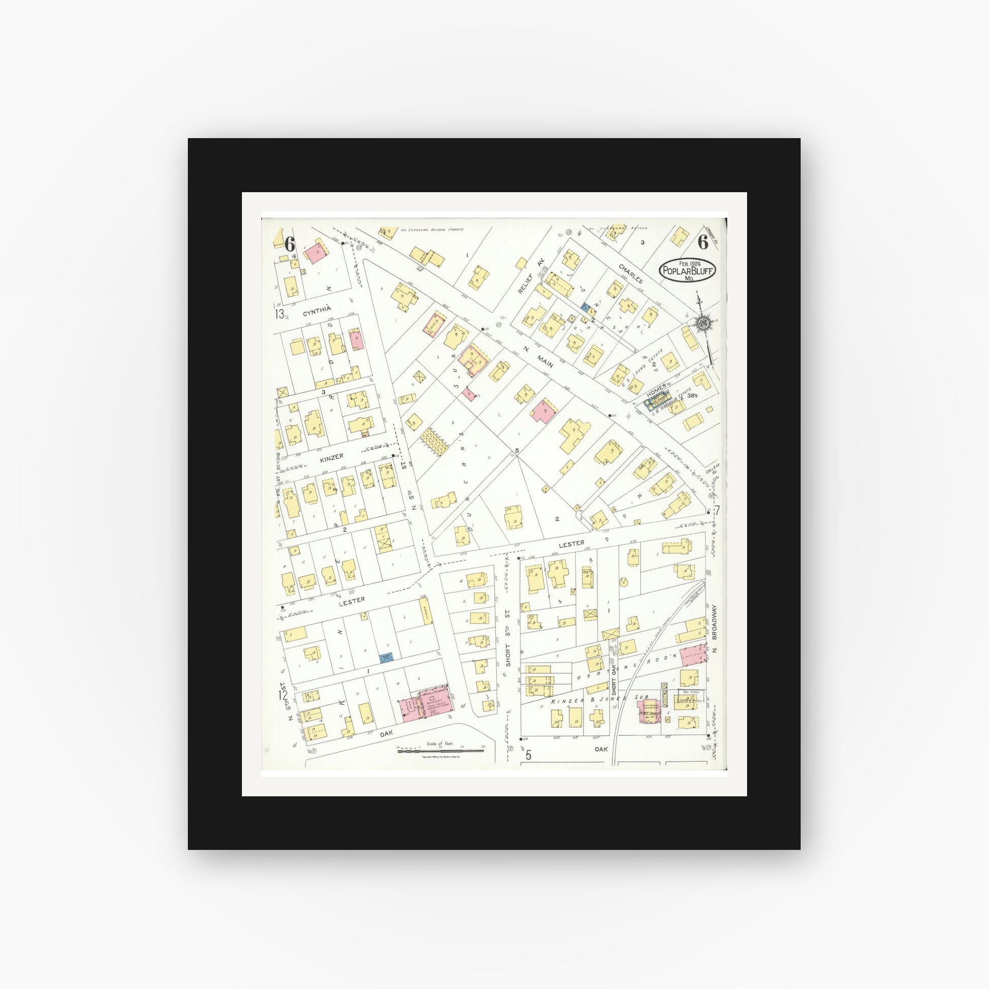 Old map wall art mockup — black gallery frame with white mat — Sanborn Fire Insurance Map from Poplar Bluff, Butler County, Missouri (1924), Sheet #0006