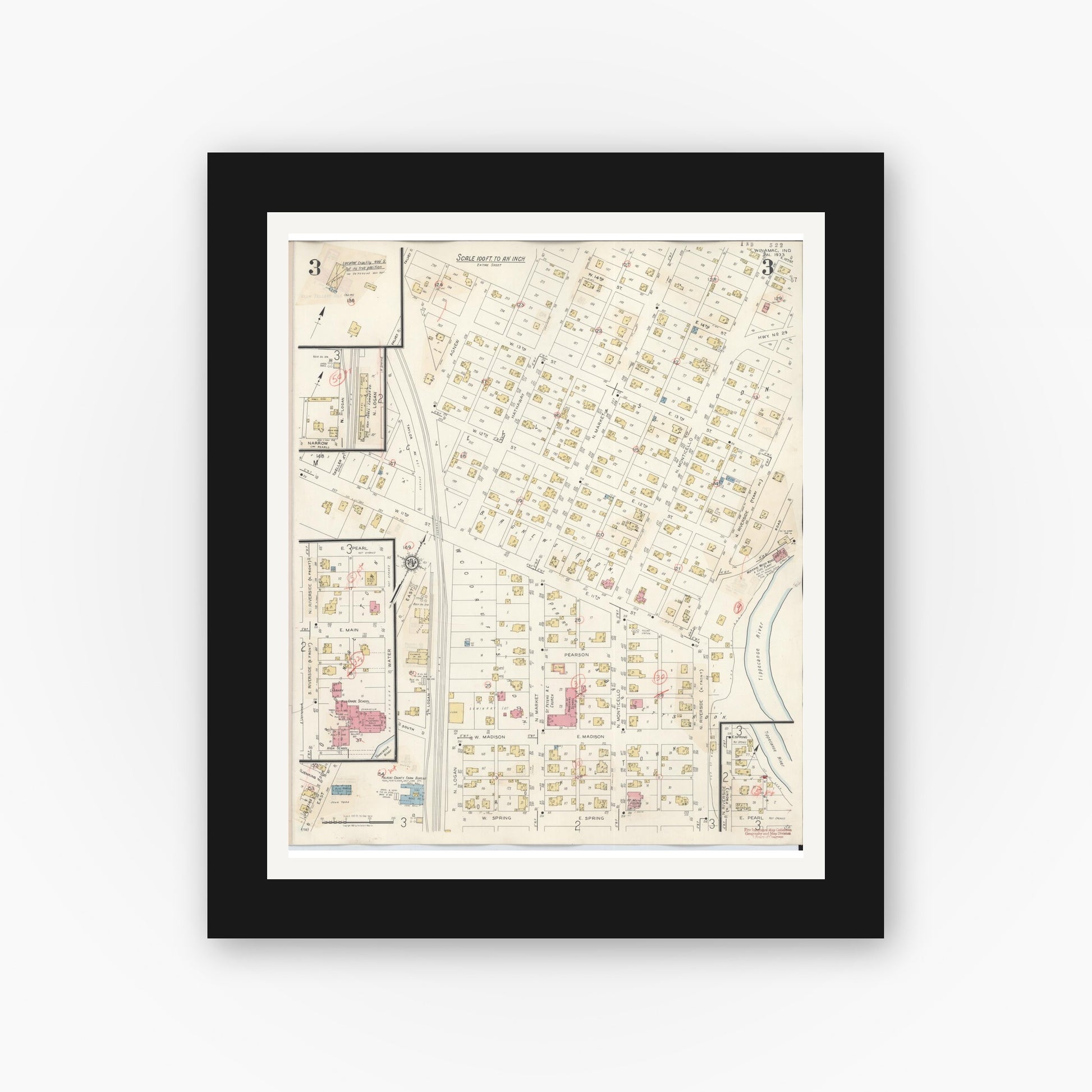 Old map wall art mockup — black gallery frame with white mat — Sanborn Fire Insurance Map from Winamac, Pulaski County, Indiana (1943), Sheet #0003
