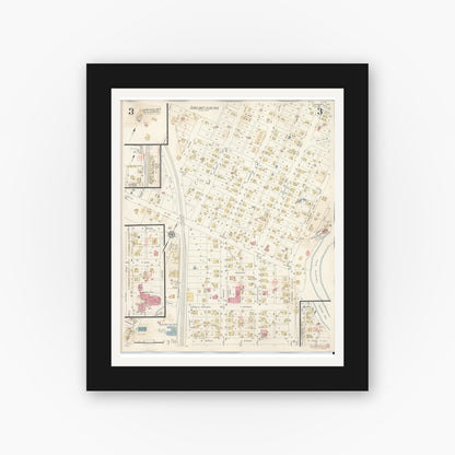 Old map wall art mockup — black gallery frame with white mat — Sanborn Fire Insurance Map from Winamac, Pulaski County, Indiana (1943), Sheet #0003