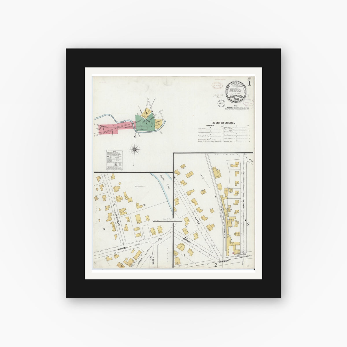 Old map wall art mockup — black gallery frame with white mat — Sanborn Fire Insurance Map from Maynard, Middlesex County, Massachusetts (1899), Sheet #0001