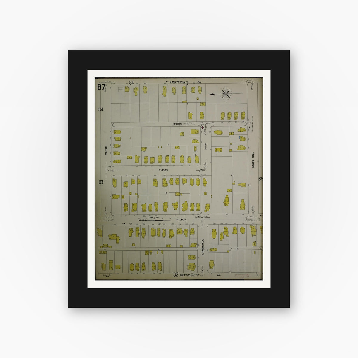 Old map wall art mockup — black gallery frame with white mat — Sanborn Fire Insurance Map from Jackson, Jackson County, Michigan (1907), Sheet #0087