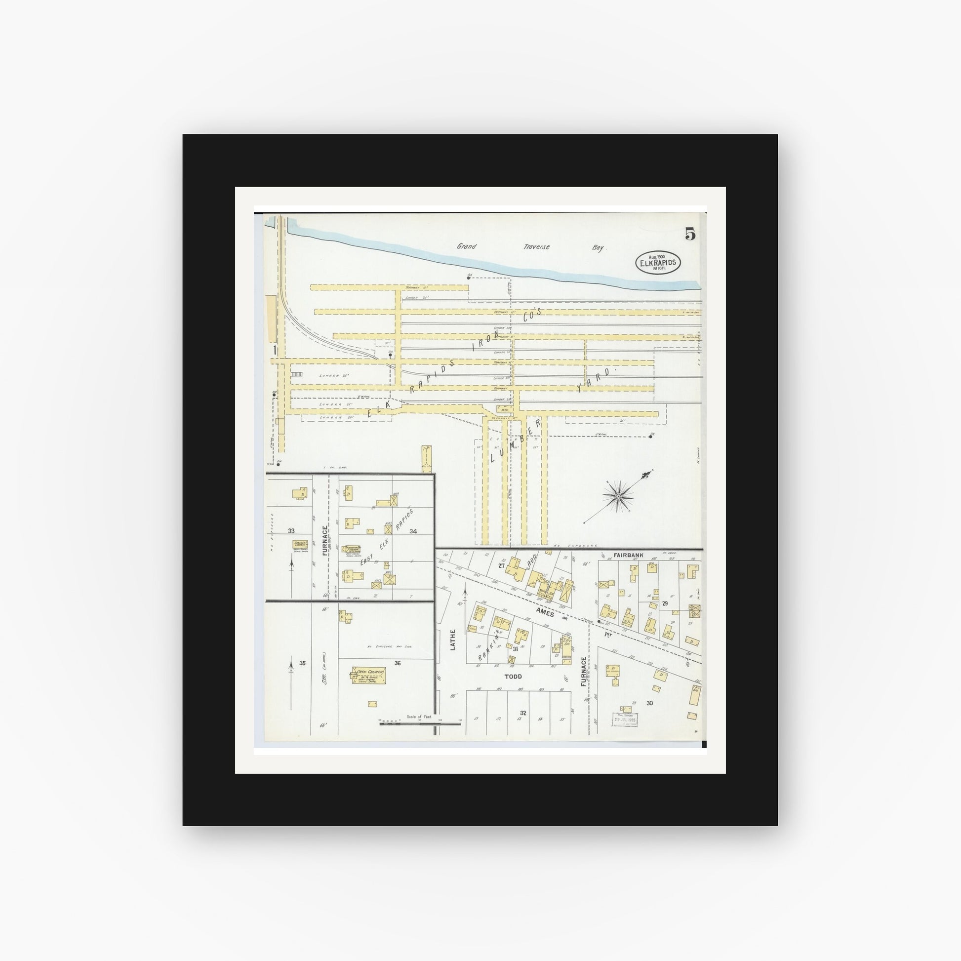 Old map wall art mockup — black gallery frame with white mat — Sanborn Fire Insurance Map from Elk Rapids, Antrim County, Michigan (1900), Sheet #0005