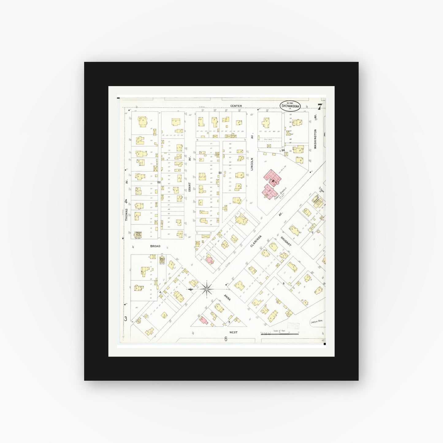 Old map wall art mockup — black gallery frame with white mat — Sanborn Fire Insurance Map from Shenandoah, Page County, Iowa (1901), Sheet #0007