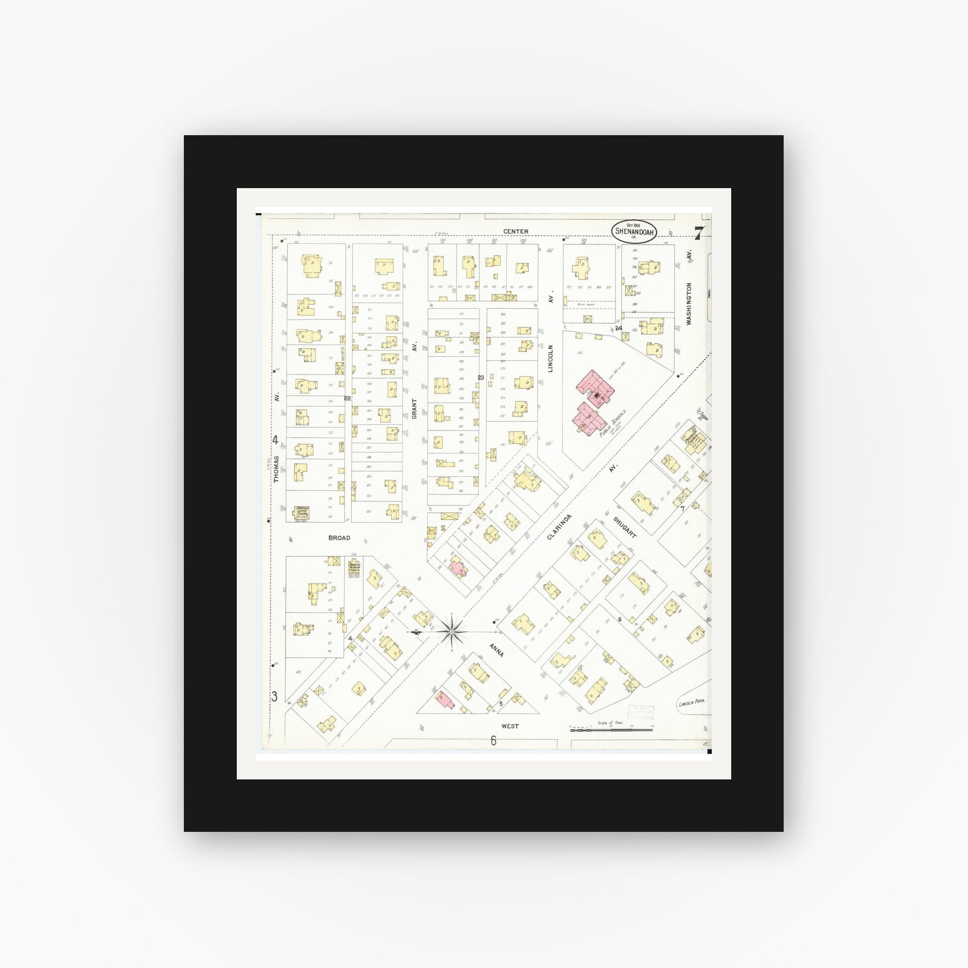 Old map wall art mockup — black gallery frame with white mat — Sanborn Fire Insurance Map from Shenandoah, Page County, Iowa (1901), Sheet #0007