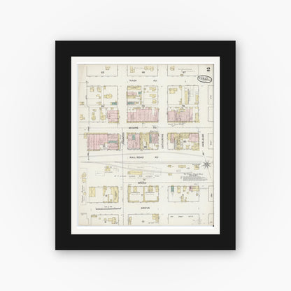 Old map wall art mockup — black gallery frame with white mat — Sanborn Fire Insurance Map from Terrell, Kaufman County, Texas (1888), Sheet #0002