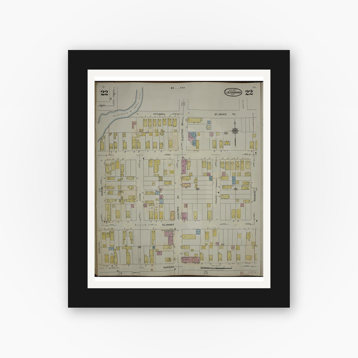 Old map wall art mockup — black gallery frame with white mat — Sanborn Fire Insurance Map from Lackawanna, Erie County, New York (1950), Sheet #0022
