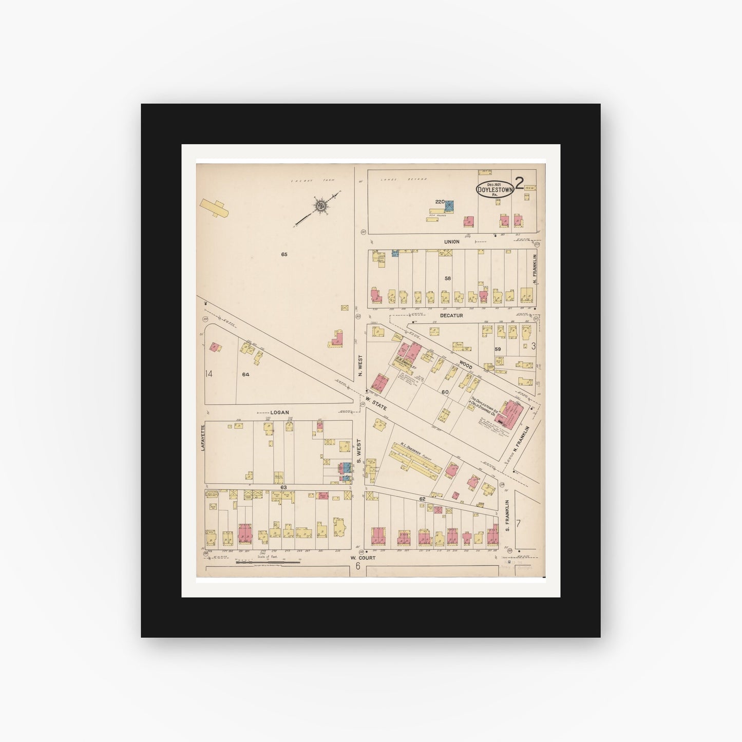 Old map wall art mockup — black gallery frame with white mat — Sanborn Fire Insurance Map from Doylestown, Bucks County, Pennsylvania (1922), Sheet #0002