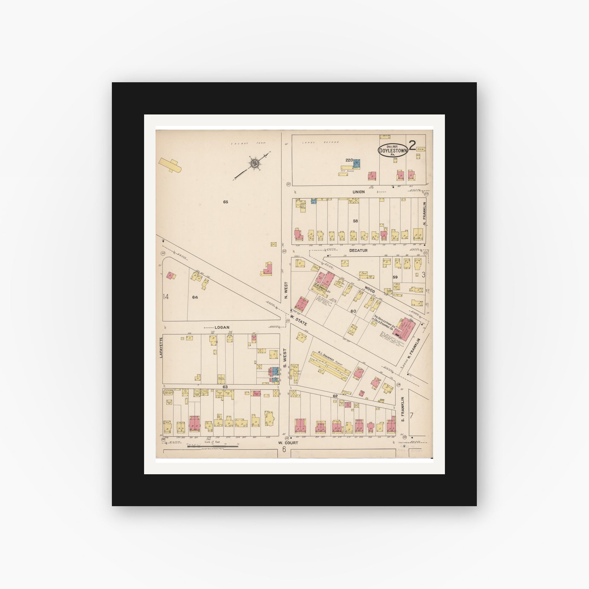 Old map wall art mockup — black gallery frame with white mat — Sanborn Fire Insurance Map from Doylestown, Bucks County, Pennsylvania (1922), Sheet #0002