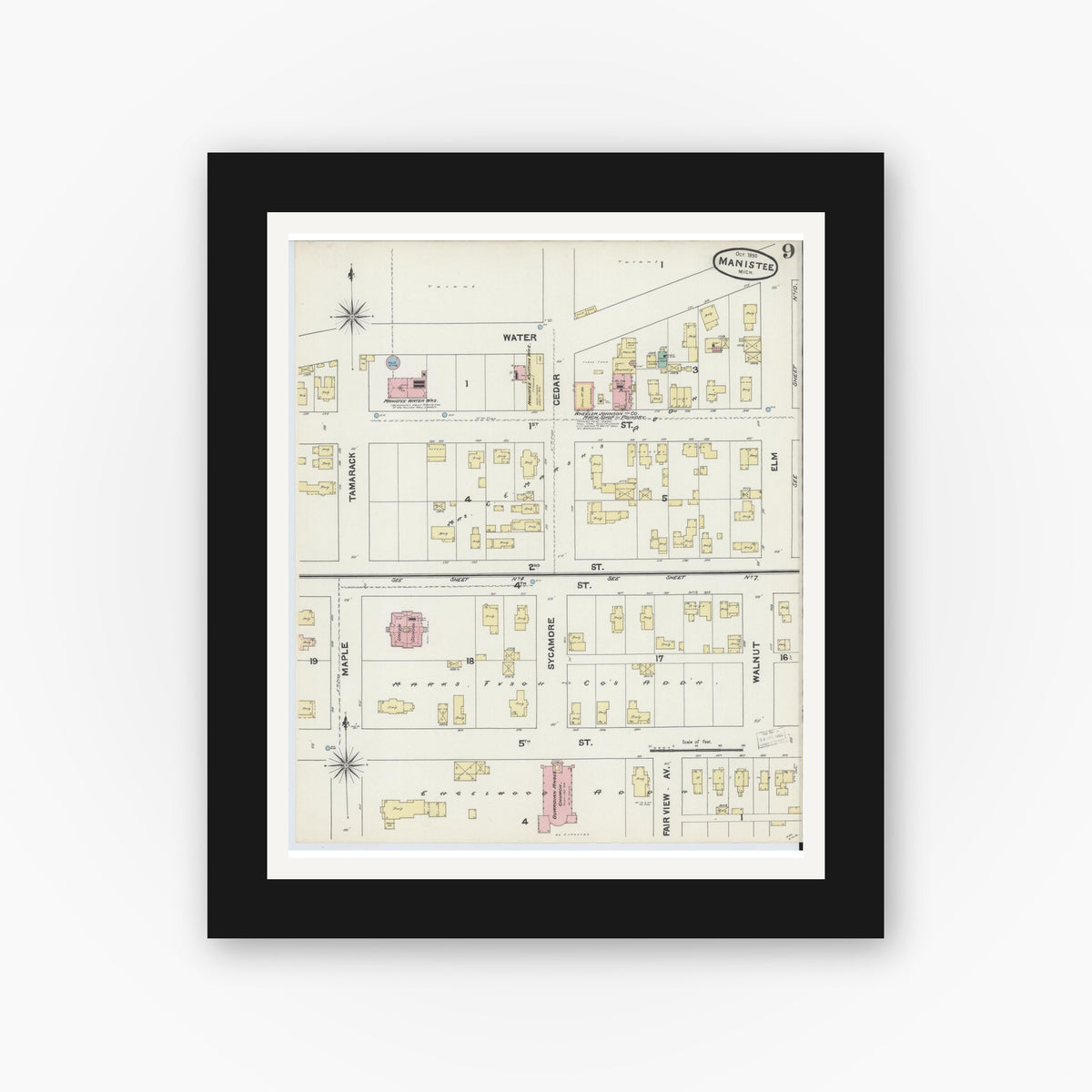 Old map wall art mockup — black gallery frame with white mat — Sanborn Fire Insurance Map from Manistee, Manistee County, Michigan (1890), Sheet #0009