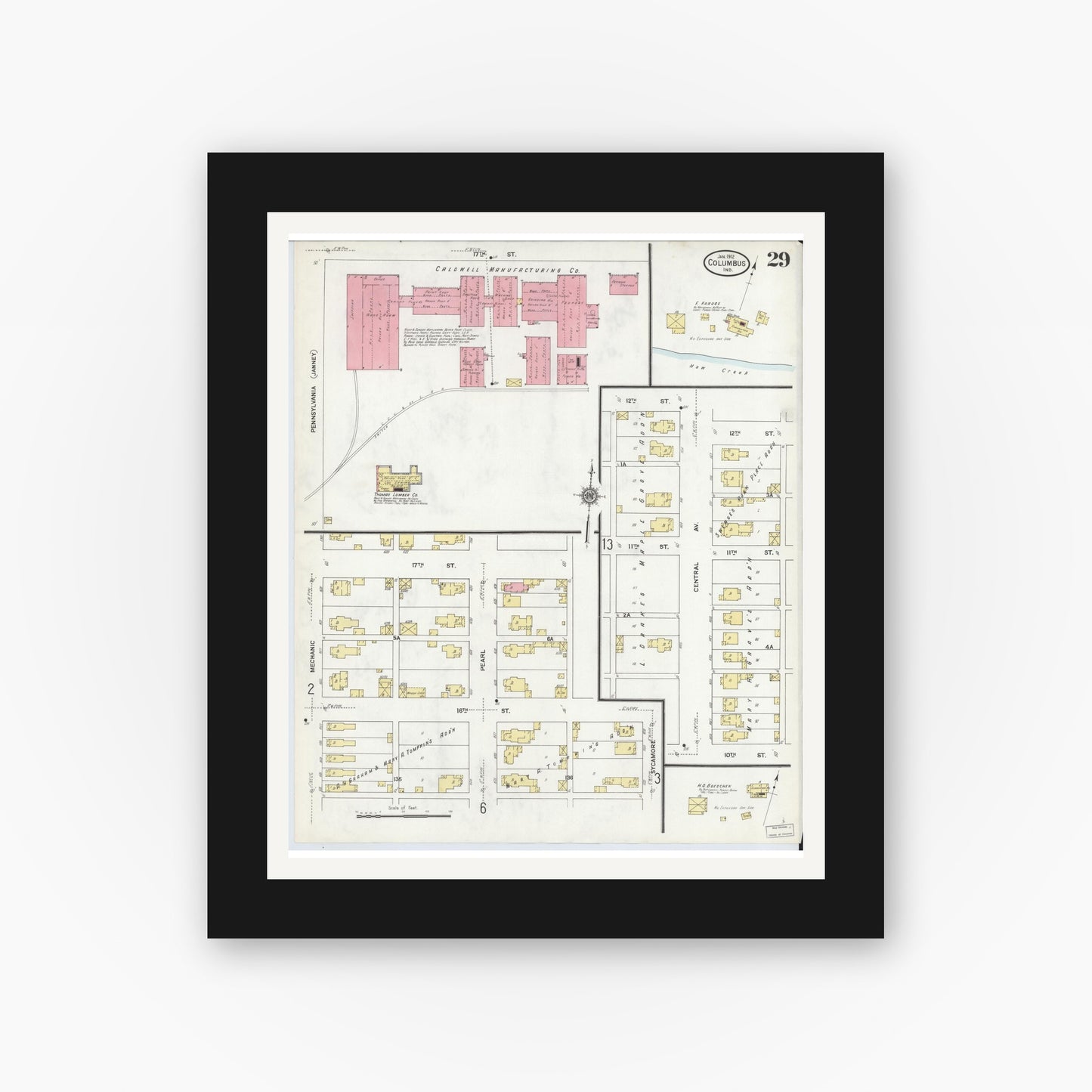 Old map wall art mockup — black gallery frame with white mat — Sanborn Fire Insurance Map from Columbus, Bartholomew County, Indiana (1912), Sheet #0029