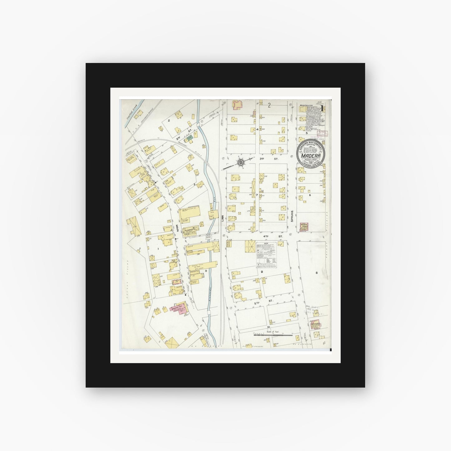 Old map wall art mockup — black gallery frame with white mat — Sanborn Fire Insurance Map from Madera, Clearfield County, Pennsylvania (1910), Sheet #0001