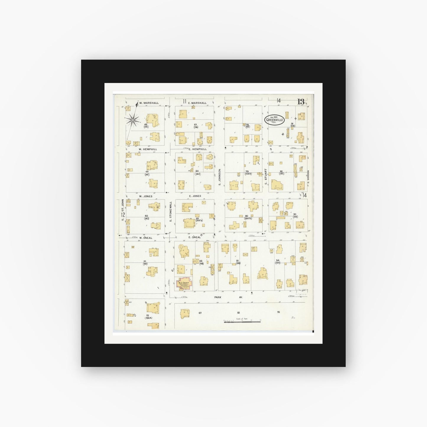 Old map wall art mockup — black gallery frame with white mat — Sanborn Fire Insurance Map from Greenville, Hunt County, Texas (1909), Sheet #0013