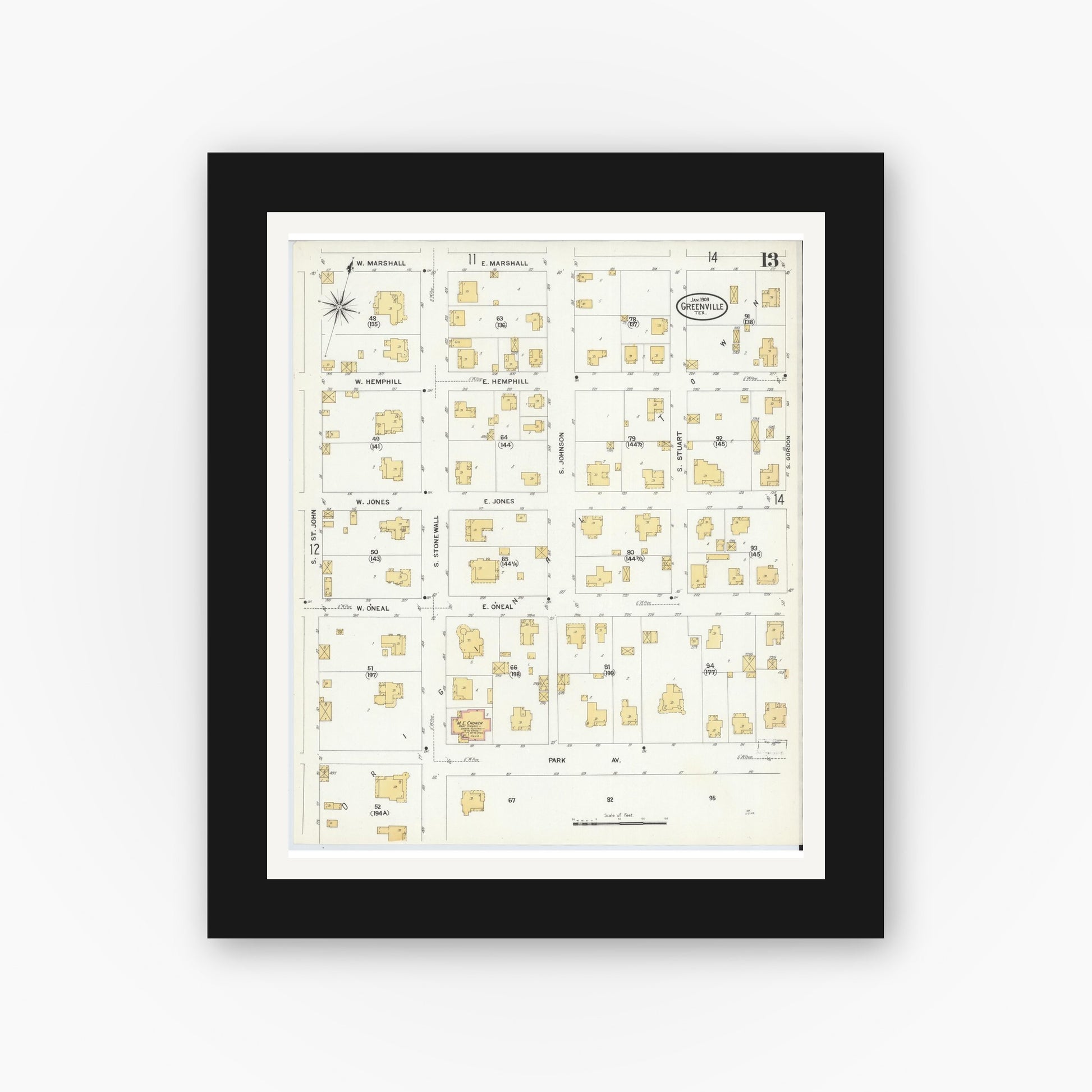 Old map wall art mockup — black gallery frame with white mat — Sanborn Fire Insurance Map from Greenville, Hunt County, Texas (1909), Sheet #0013