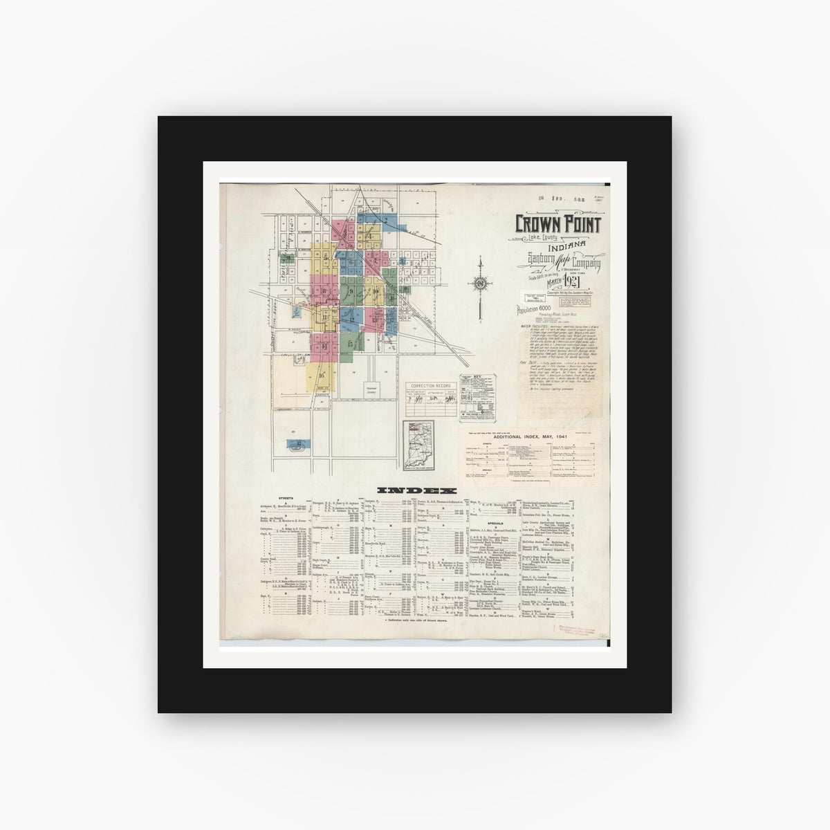 Old map wall art mockup — black gallery frame with white mat — Sanborn Fire Insurance Map from Crown Point, Lake County, Indiana (1948), Sheet #0001