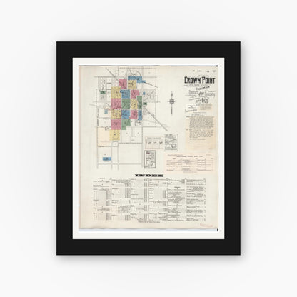 Old map wall art mockup — black gallery frame with white mat — Sanborn Fire Insurance Map from Crown Point, Lake County, Indiana (1948), Sheet #0001