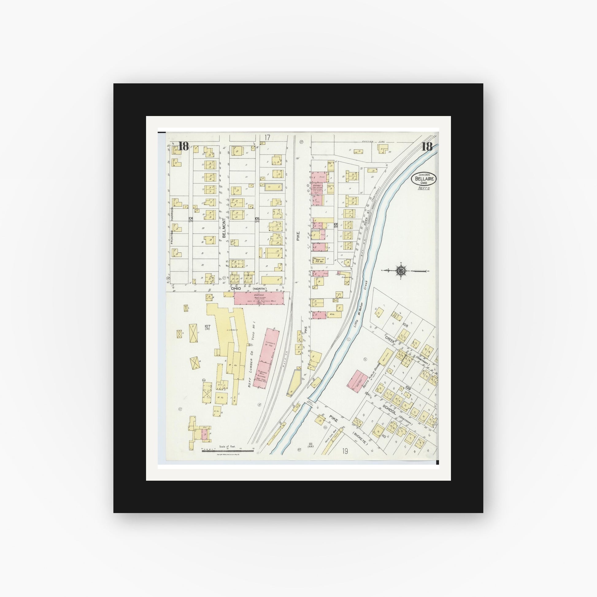 Old map wall art mockup — black gallery frame with white mat — Sanborn Fire Insurance Map from Bellaire, Belmont County, Ohio (1924), Sheet #0018