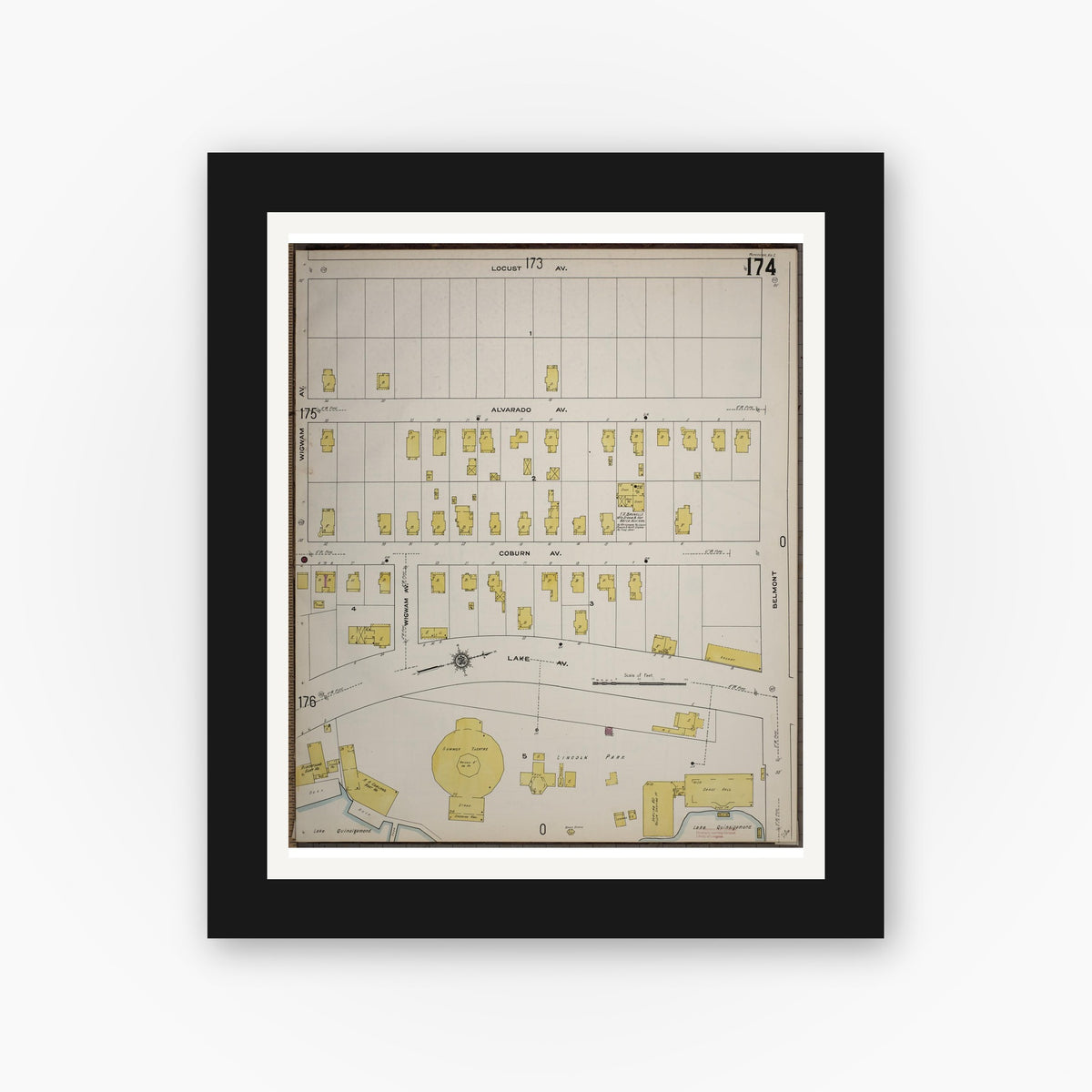 Old map wall art mockup — black gallery frame with white mat — Sanborn Fire Insurance Map from Worcester, Worcester County, Massachusetts (1910), Sheet #0174