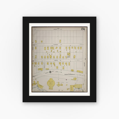 Old map wall art mockup — black gallery frame with white mat — Sanborn Fire Insurance Map from Worcester, Worcester County, Massachusetts (1910), Sheet #0174