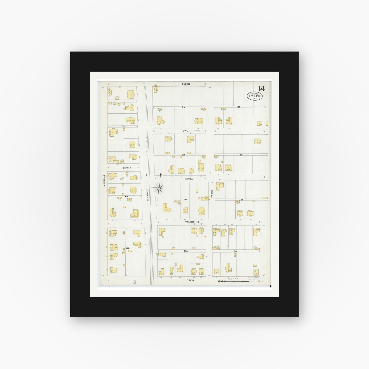 Old map wall art mockup — black gallery frame with white mat — Sanborn Fire Insurance Map from Tyler, Smith County, Texas (1902), Sheet #0014