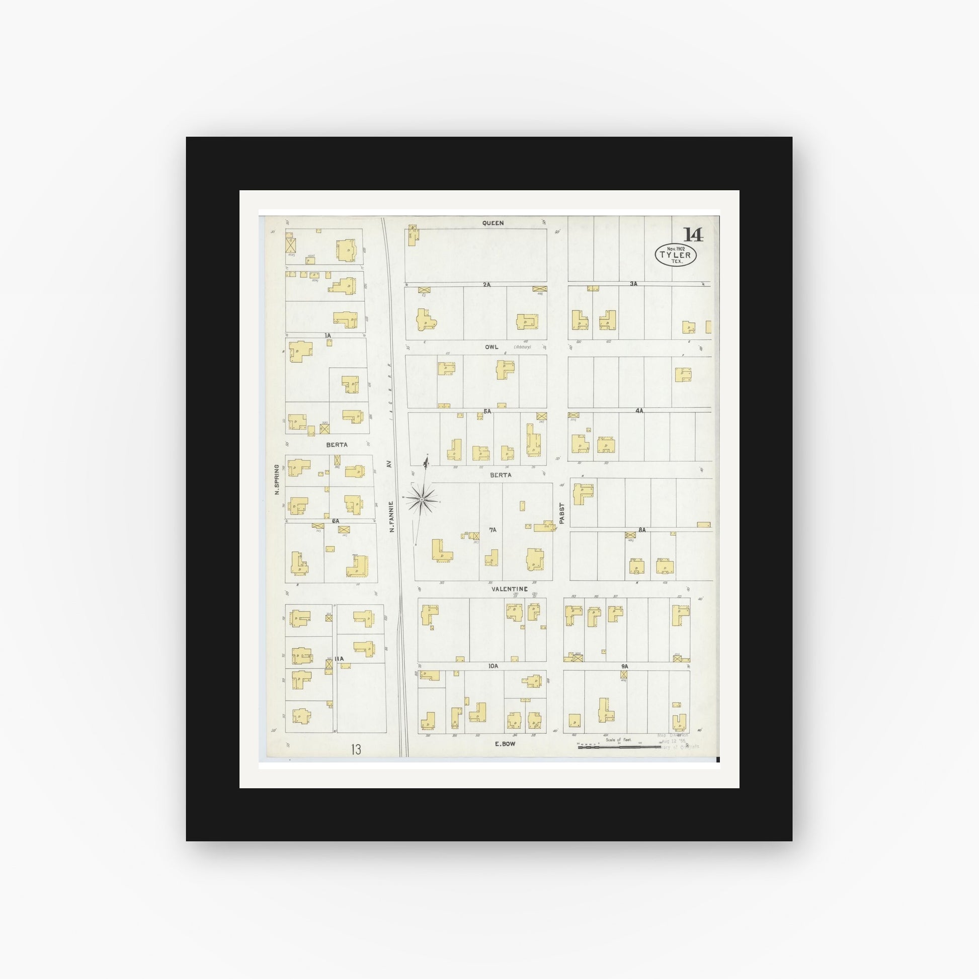 Old map wall art mockup — black gallery frame with white mat — Sanborn Fire Insurance Map from Tyler, Smith County, Texas (1902), Sheet #0014