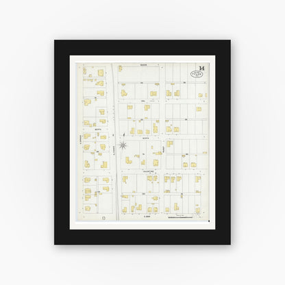 Old map wall art mockup — black gallery frame with white mat — Sanborn Fire Insurance Map from Tyler, Smith County, Texas (1902), Sheet #0014